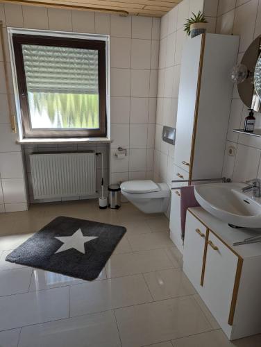 a bathroom with a sink and a toilet and a window at Ferienwohnung Sperber in Windischeschenbach