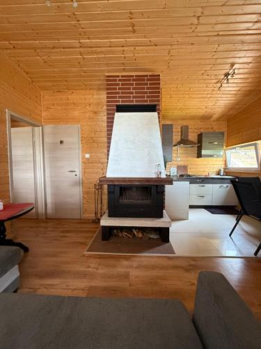 a living room with a fireplace and a kitchen at domek campingowy in Brachlewo
