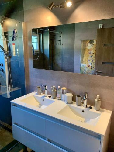 a bathroom with a white sink and a mirror at Arany Sarok Vendégház in Kisgyőr