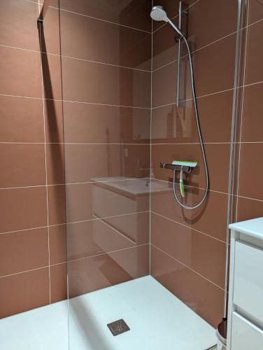 a shower with a glass door in a bathroom at Pré Madame, Terrasse, Parking in Riom