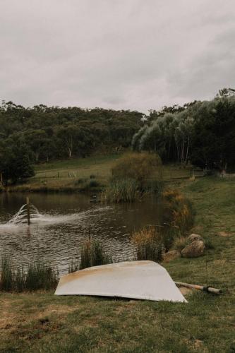 a boat sitting in the grass next to a lake at Rooke River Lodge in Jindabyne