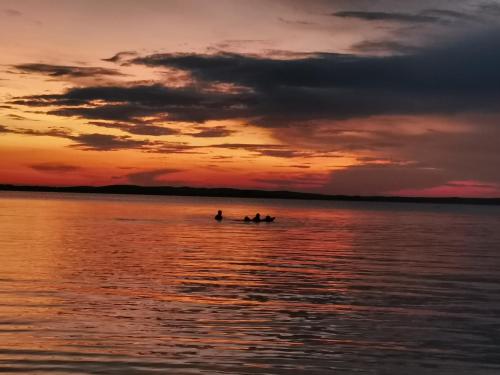 two people in a boat on the water at sunset at MIŁOŚĆ ma swój adres - ZMYSŁOWE apartamenty z JACUZZI dla Dwojga in Ełk