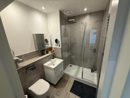 a bathroom with a shower and a toilet and a sink at Modern 2 Bed Apartment in North Oxford in Oxford