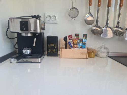 a kitchen counter with a coffee maker and utensils at Cosmopolitan in Devin