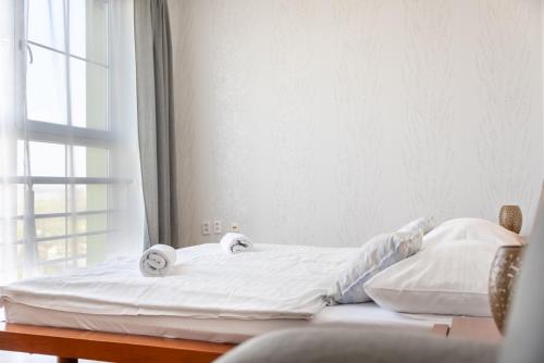 a bed with two pillows on it in a bedroom at Hotel and Park Divoká Voda in Bratislava