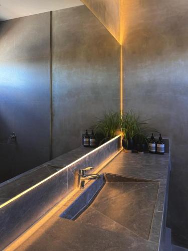 a bathroom with a sink and some potted plants at Brand new apartment with stunning sunset views in Munggu