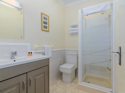 a bathroom with a toilet and a glass shower at The Montana in Torquay