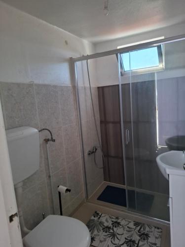 a bathroom with a shower and a toilet and a sink at Casa do Vale in Arrabal