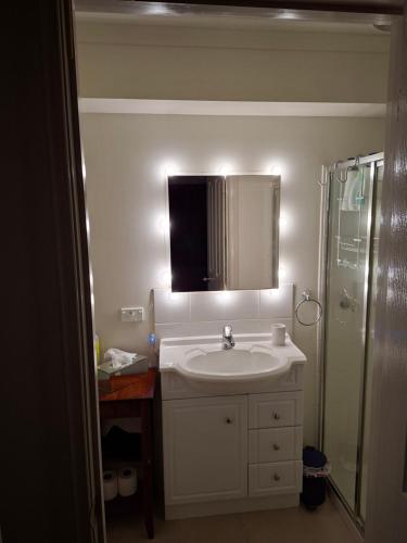 a bathroom with a sink and a shower and a mirror at Cock or Two Kink House in Cockatoo