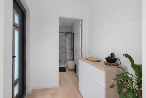 een badkamer met witte muren en een wastafel met toilet bij V3 Atlantida Farm in Quelfes