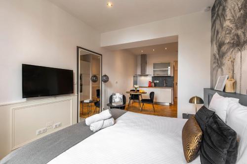 una camera da letto con un grande letto e una TV a schermo piatto di Studio Charming & Modern a Biarritz
