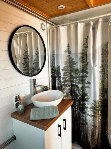 a bathroom with a sink and a mirror at Horyzont Spokoju in Podobin