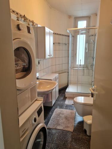 a bathroom with a washer and a toilet and a sink at Apartment BOZ Solingen 100m2 in Solingen