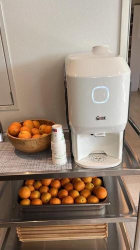 a food processor and a bowl of oranges on a shelf at Hotel Riva e Mare in Rimini