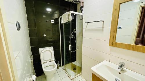 a bathroom with a toilet and a sink and a mirror at Aselefech Merga Hotel and Spa in Addis Ababa