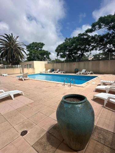 un grand vase assis à côté d'une piscine dans l'établissement Palmera by Pom, parking, piscine, au Cap d'Agde