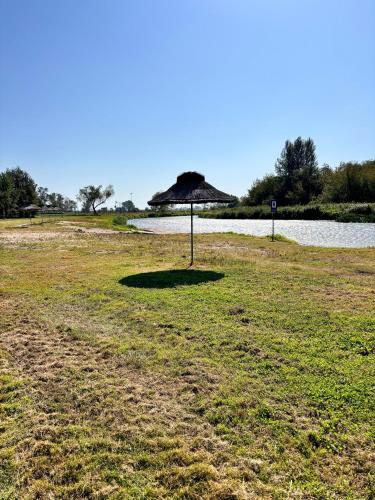 a grass umbrella in a field next to a body of water at Domki nad Nidą in Wiślica