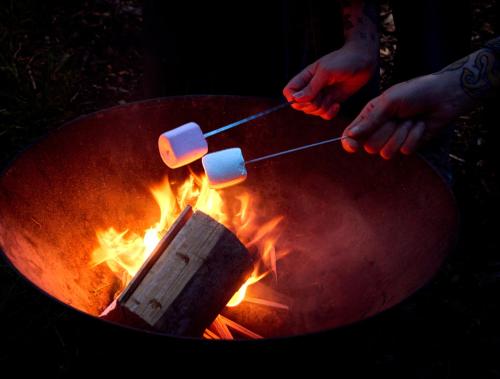 a person cooking marshmallows on a grill with fire at The Dell at Glenlivet in Glenlivet