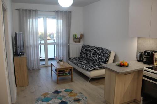 a living room with a couch and a table at a moment's pause in Suwałki