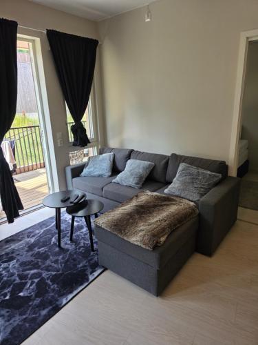 a living room with a couch and a table at Two bedrooms Luxury apartment with free parking in Lorenskog
