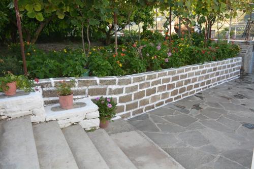 a brick retaining wall with potted plants and flowers at Guest House Marsi in Çorovodë