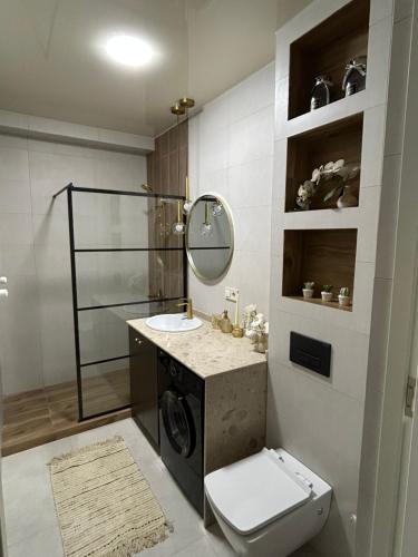a bathroom with a toilet and a sink and a mirror at Nitsa Downtown Apartment in Kutaisi