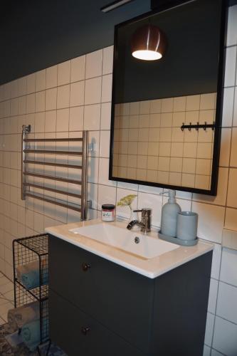 a bathroom with a sink and a mirror at ArtLoft Ikšķile in Ikšķile