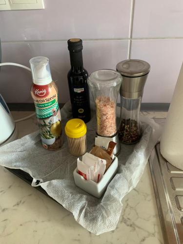 a counter with a bunch of food items on a towel at Udoben, razkošen, sončen apartma, 5 min do avtoceste in Orehova vas 