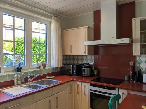 a kitchen with a sink and a stove at Gîte des Lilas in Stenay