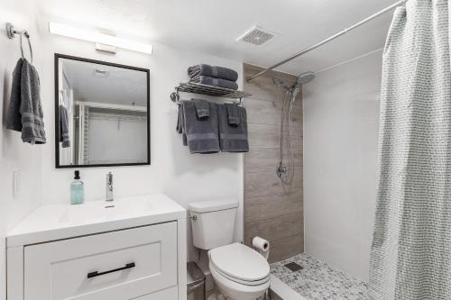 a white bathroom with a toilet and a shower at UF Apartment on Archer Road Near Shands & VA ! in Gainesville