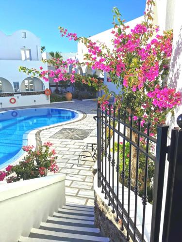 a fence with pink flowers next to a swimming pool at New Haroula in Fira