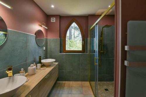 a bathroom with a sink and a shower at Gîte La Tournelle in Crest