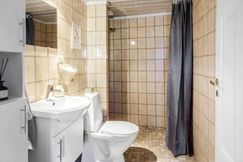 a bathroom with a toilet and a sink and a shower at 4024-Stege-Rabylille-Strandvej-14 in Stege