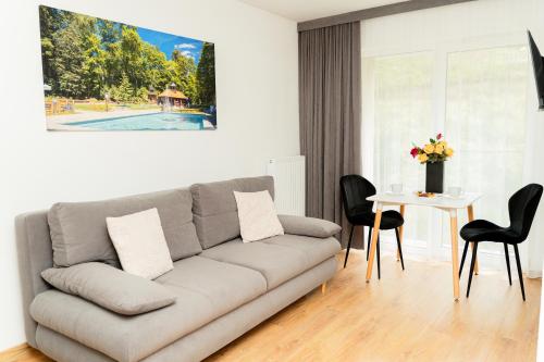 a living room with a couch and a table at Apartamenty Cicha - bezpłatny parking in Krynica Zdrój