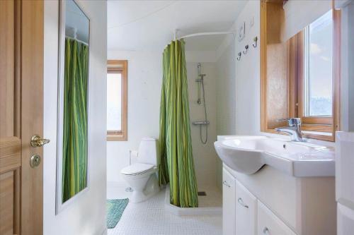 a bathroom with a sink and a green shower curtain at 8163-Praesto-Kohavevej-3 in Præstø