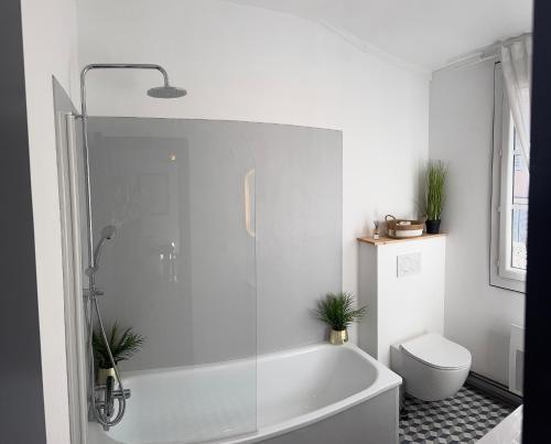 a white bathroom with a tub and a toilet at Le Pent House Limoges in Limoges