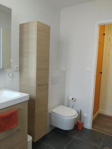 a bathroom with a toilet and a sink at A 2 pas des iles à Concarneau in Concarneau