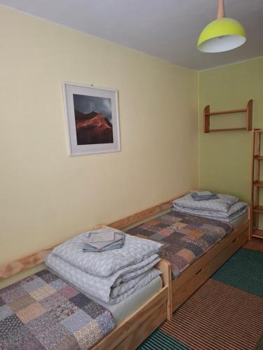 2 camas individuales en una habitación con una foto en la pared en Byt Kanianka, en Kanianka