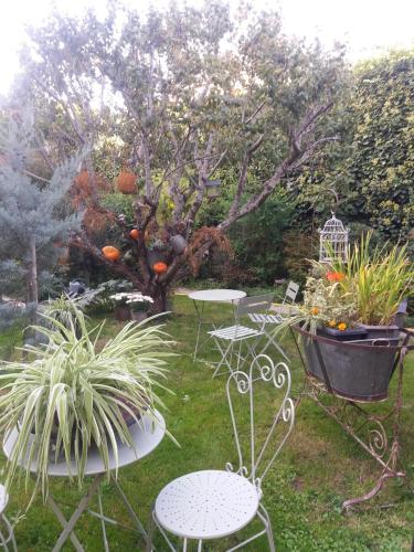 a group of tables and chairs in a garden at Chambres D'hôtes Au Gré Du Temps in Saint-Aignan