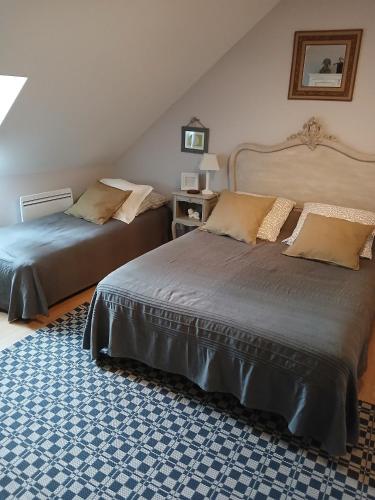 a bedroom with two beds and a blue rug at Chambres D'hôtes Au Gré Du Temps in Saint-Aignan