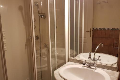 a bathroom with a shower and a sink and a tub at Maisons agréables 13ms023 in La Fresnais