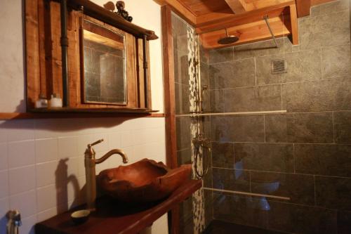 a bathroom with a sink and a shower at Les Faes du Bos in Saint-Beauzire