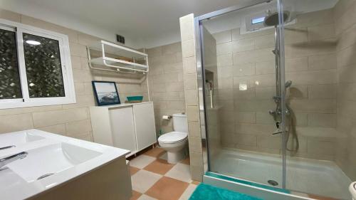 a bathroom with a shower and a sink and a toilet at Casa Domi in Valle Gran Rey