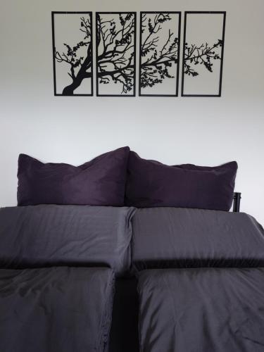 a bed with four pillows on top of it at Wohnung Liana mit Blick zur Burg in Hechingen