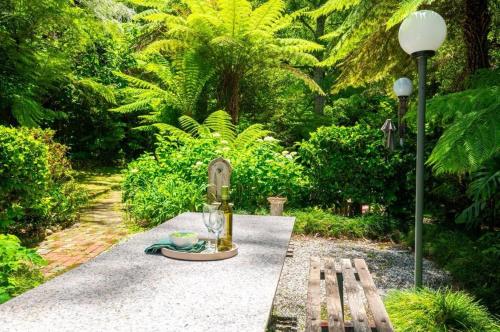 a park with a bench and a lamp and trees at River Song – A Sanctuary by the Yarra River in Warburton