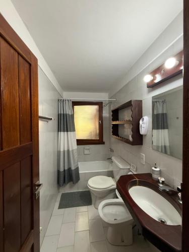 a bathroom with a toilet and a sink at Nevada Hostel in San Carlos de Bariloche