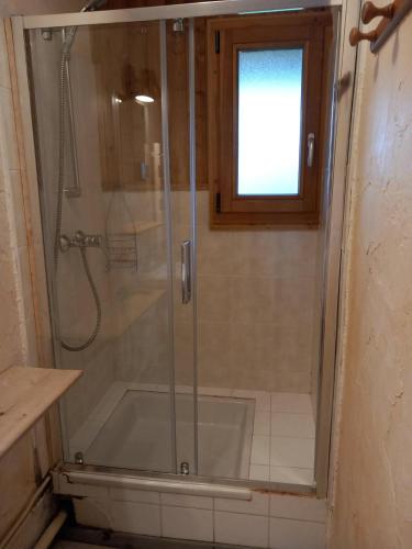 une douche avec une porte vitrée dans une salle de bain dans l'établissement Le Chardon Bleu, à Châtel