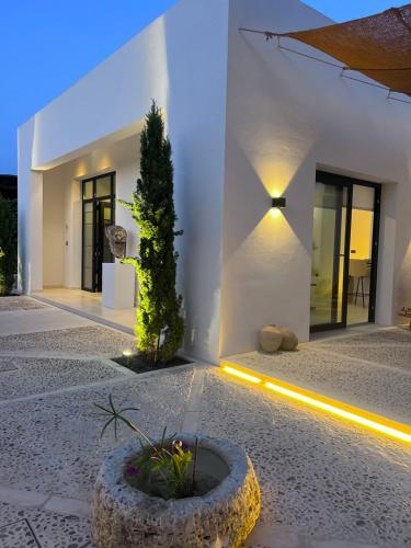a white house with a planter in front of it at Casa Chica 1 in Sanlúcar de Barrameda