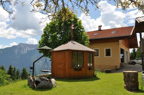 a small cabin in the grass in front of a house at Almen-Kräuter-Oberreiter in Dellach im Drautal