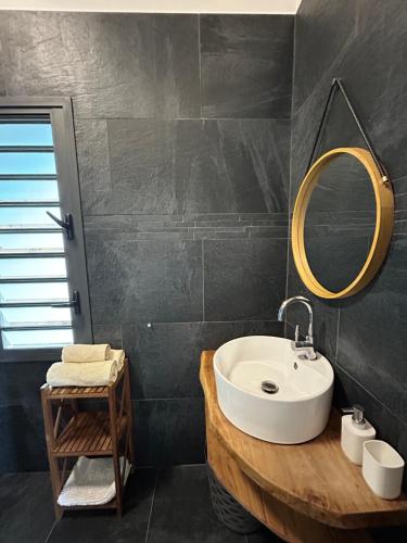 a bathroom with a sink and a mirror at L'escapade du sud sauvage, la case in Saint-Joseph
